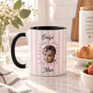 Baby Ansikte Foto Rosa Randig Mamma Födelsedag Kaf Mugg
