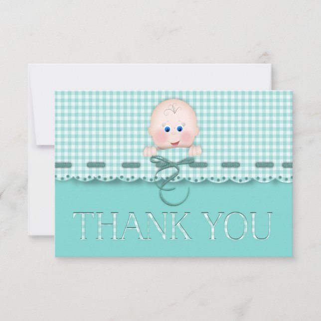 Baby Ansikte om Teal Gingham med Scallop Gräns Tack Kort (Framsida)