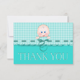 Baby Ansikte om Teal Gingham med Scallop Gräns Tack Kort