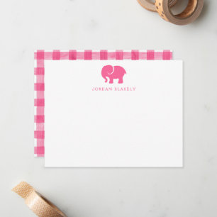 Baby Anteckningskort, Rosa Elefant Gingham Platt Anteckningskort