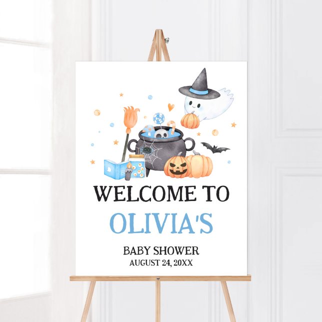 Baby är Blått Halloween-välkomnande Poster (Baby is Brewing Baby Shower Welcome Sign)