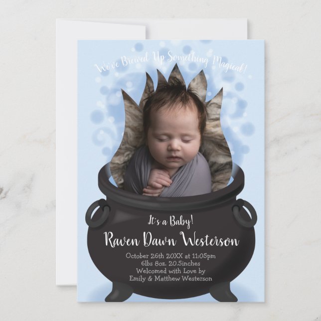 Baby är Breth Birth Announcement Witch Boy Blue Inbjudningar (Framsida)