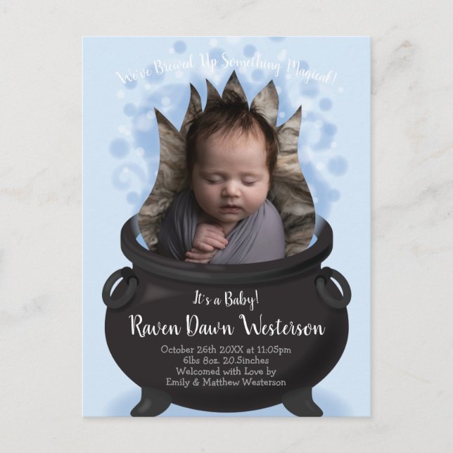 Baby är Breth Birth Announcement Witch Boy Blue Vykort (Framsida)