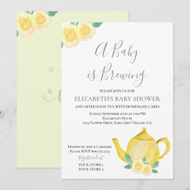 Baby är Brewing Gult Tekanna Baby Shower Inbjudningar (Fram/baksida)