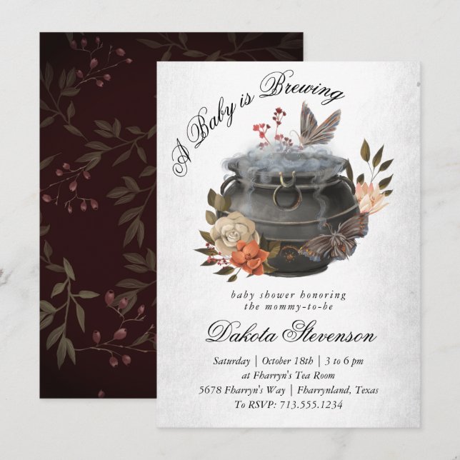 Baby är Brewing | Roligt Halloween Stil Baby Showe Inbjudningar (Fram/baksida)