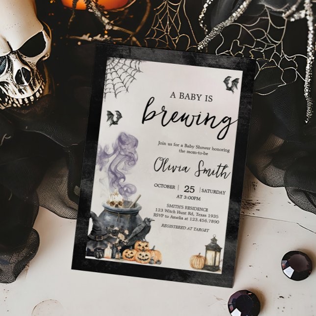 Baby är Brewing Witch Cauldron Baby Shower Inbjudningar (A Baby is Brewing Halloween Baby Shower Invitation)