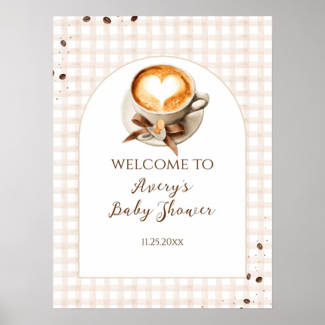 Baby är bryggande kaffebönstema baby shower poster (Framsidan)