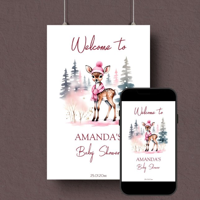 Baby är det kall hjort babydusch välkomstskylt poster (Baby it's cold outside cute girl deer baby shower editable template welcome sign digital download )