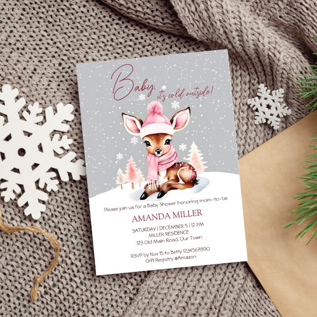 Baby är det kall utanför baby hjort barndusch inbjudningar (Baby it's cold outside winter themed baby shower template invitation digital download cute deer snow)
