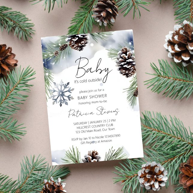 Baby är det kall utanför den snövågiga gräs babydu inbjudningar (Baby it's cold outside watercolor snowy pines baby shower editable template invitation download)