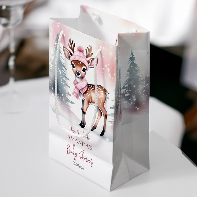 Baby är det kall utanför rosan för babydusch på vi (Baby it's cold outside winter baby shower pink small gift bag cute baby deer pines thank you favor)