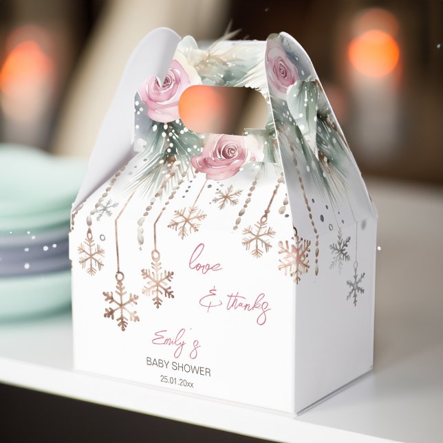 Baby är det kall utanför vinterbarnduschen presentaskar (Baby it's cold outside winter girls baby shower favor box pink blush roses pines crystals snowflakes)