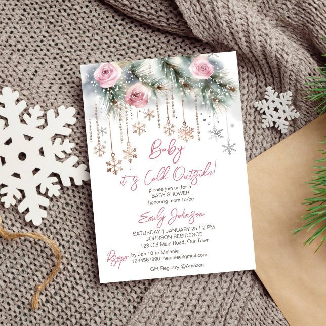 Baby är det kall utanför vintern, babyduschpastel inbjudningar (Baby it's cold outside winter baby shower template  invitation pastel pines pink roses snowflakes)