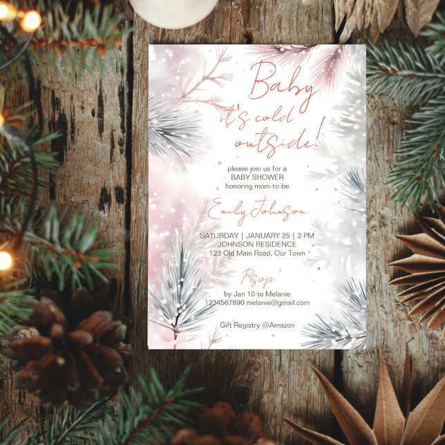Baby är det kall utanför vintern, babyduschpastel inbjudningar (Baby it's cold outside winter baby shower pastel watercolor snowy pines template invitation)