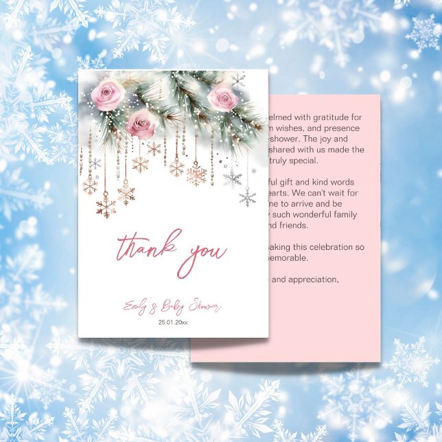 Baby är det kall utanför vintern, babyduschpastel tack kort (Baby it's cold outside winter baby shower pastel thank you card blush pink roses crystal snowflakes)