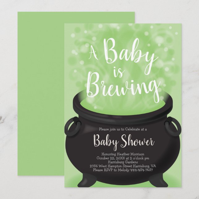 Baby är ett brungande Witch Shower Halloween Cauld Inbjudningar (Fram/baksida)
