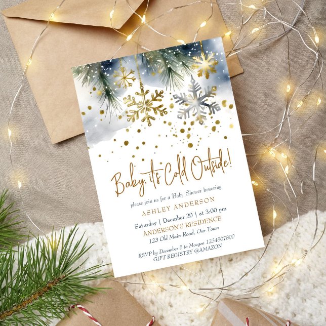 Baby är kallet utanför boho Vinterbabyduschen Inbjudningar (Baby it's cold outside boho winter baby shower editable template invitation digital download gold)