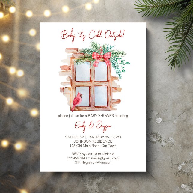 Baby är kallet utanför vinterpastellområdet baby inbjudningar (Baby it's cold outside winter baby pastel invitation cards template frosty window red bow pines bird)