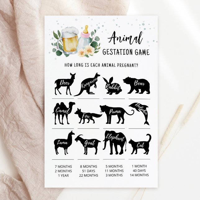 Baby är på gång Djurdräktighet Rosa Spel (Beer and Floral Baby is Brewing Baby Shower Animal Gestation Game Card)