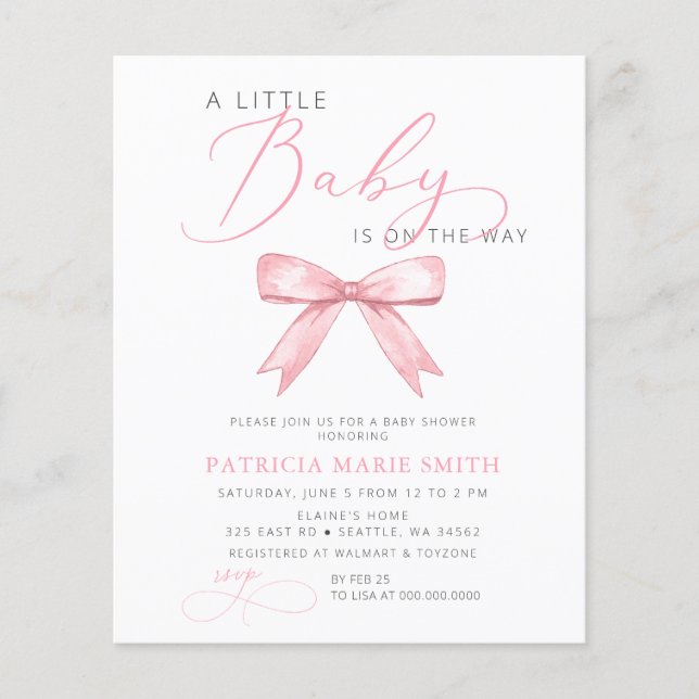Baby är på väg Rosa Bow Girl Baby Shower (Framsida)
