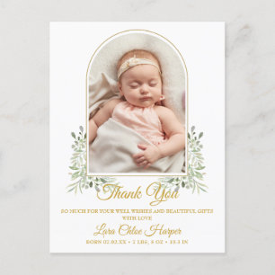 Baby Arch Foto Grönska Guld Tack Födelse Meddelande Vykort