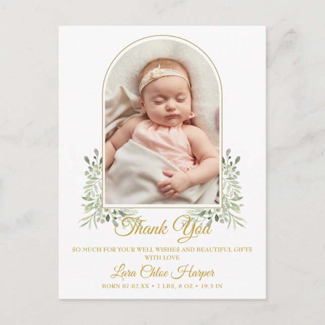 Baby Arch Foto Grönska Guld Tack Födelse  Meddelande Vykort (Framsida)