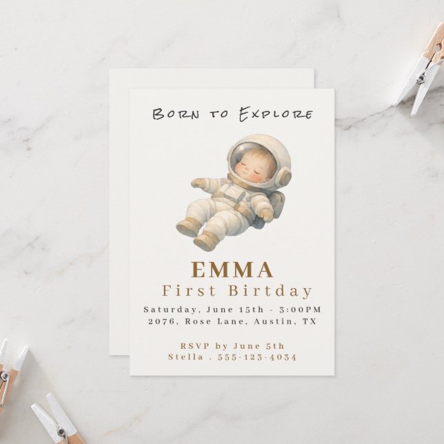Baby Astronaut First Birthday Flat Invitation Card Inbjudningar (Fram/Back In Situ)