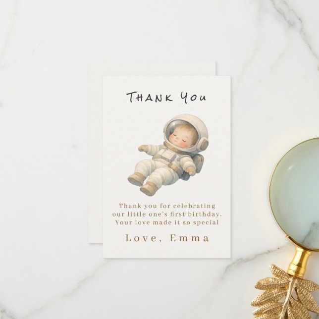 Baby Astronaut First Birthday Thank You Card Tack Kort (Fram/Back In Situ)