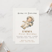 Baby Astronaut Första Födelsedagen Platt Inbjudnin