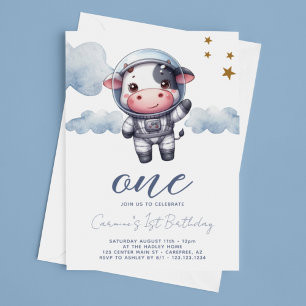Baby Astronaut Ko 1-årsdag Inbjudningar
