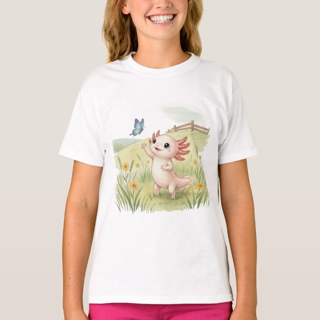 Baby Axolotl Fångar en Fjäril T Shirt (Framsida)