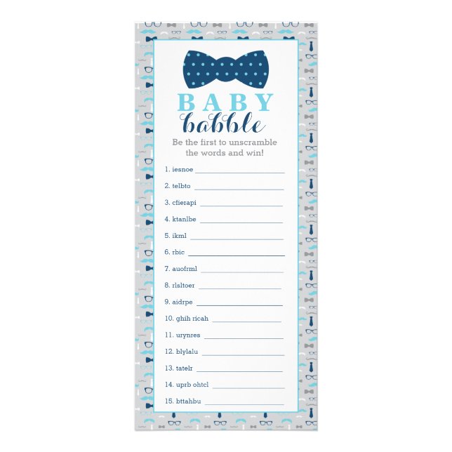 Baby Babble Game, Bow Tie Baby Shower Reklamkort (Framsidan)