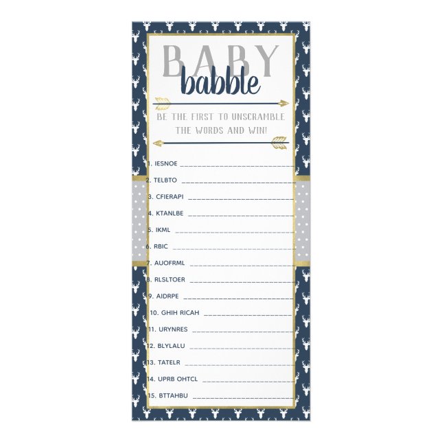 Baby Babble Ord Scramble, Baby Shower, Navy, Grått Reklamkort (Framsidan)