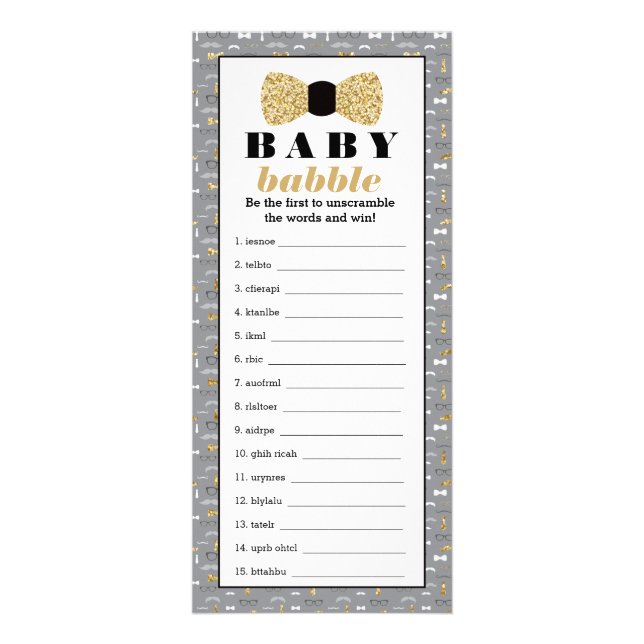 Baby Babbly Ord Scramble Game, Bow Tie Reklamkort (Framsidan)
