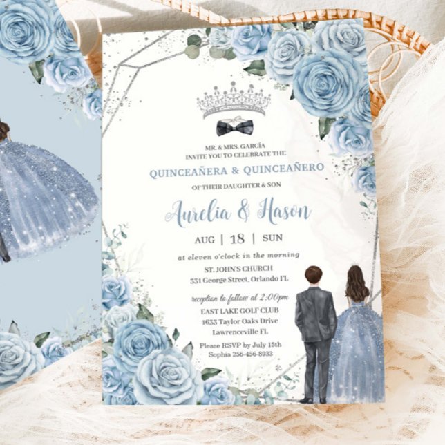 Baby Baby Blue Floral Twins Boy Girl Quinceañera Inbjudningar (Skapare uppladdad)