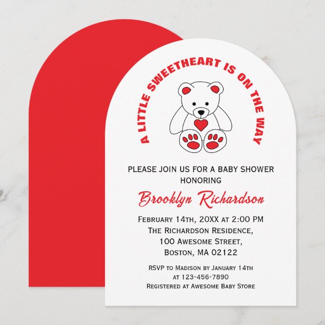 Baby Baby Nalle Shower Little Swehoney Red White Inbjudningar (Fram/baksida)