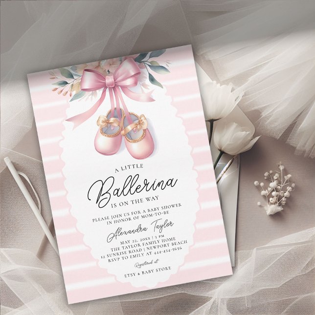 Baby Ballerina Shoes Rosa Blommigt Bow Girl Shower Inbjudningar (ballerina baby shower invitation ballet shoes pink floral bow ribbons satin elegant cute adorable)