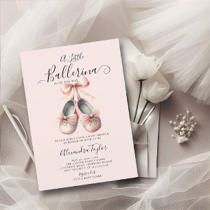 Baby Ballerina Shoes Rosa Bow Guld Girl Shower Inbjudningar