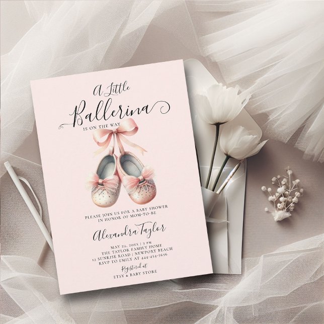 Baby Ballerina Shoes Rosa Bow Guld Girl Shower Inbjudningar (little ballerina baby girl shower invitation pink blush gold ballet shoes watercolor cute sweet)