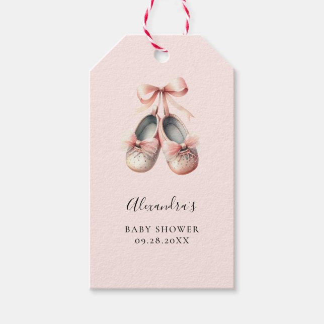 Baby Ballerina Shoes Rosa Bow Guld Girl Shower Presentetikett (Framsidan)