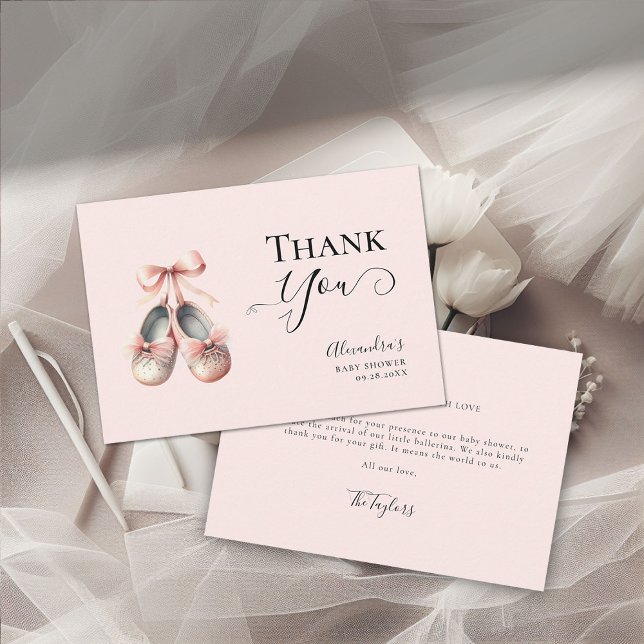 Baby Ballerina Shoes Rosa Bow Guld Girl Shower Tack Kort (ballerina baby shower thank you card baby ballet shoes watercolor elegant calligraphy coral pink)