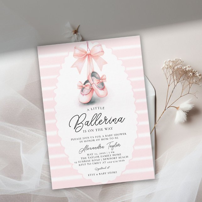 Baby Ballerina Shoes Rosa Bow Rosett band Girl Sho Inbjudningar (ballerina baby shower invitation ballet shoes pink satin bow scalloped frame cute adorable girly)
