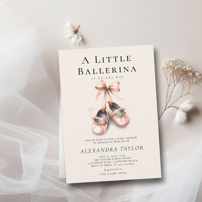 Baby Ballerina Shoes Rosa Guld Rosett band Girl Sh Inbjudningar (little ballerina baby girl shower invitation pink blush gold ballet shoes watercolor cute girly)