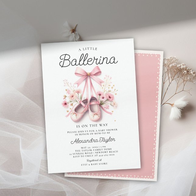 Baby Ballerina Shoes Wildblommes Bow Girl Shower Inbjudningar (ballerina baby shower invitation ballet shoes pink wildflowers bow ribbons satin elegant cute)