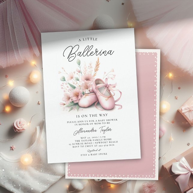 Baby Ballerina Shoes Wildblommes Cute Girl Shower Inbjudningar (ballerina baby shower invitation ballet shoes pink wildflowers ribbons satin elegant cute adorable)