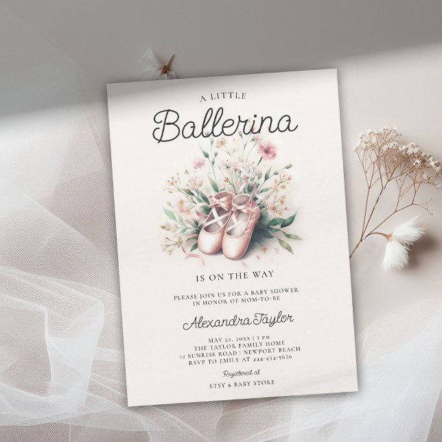 Baby Ballerina Shoes Wildblommor Ribbon Girl Showe Inbjudningar (ballerina baby shower invitation ballet shoes pink blush wildflowers bow ribbons satin elegant cute)