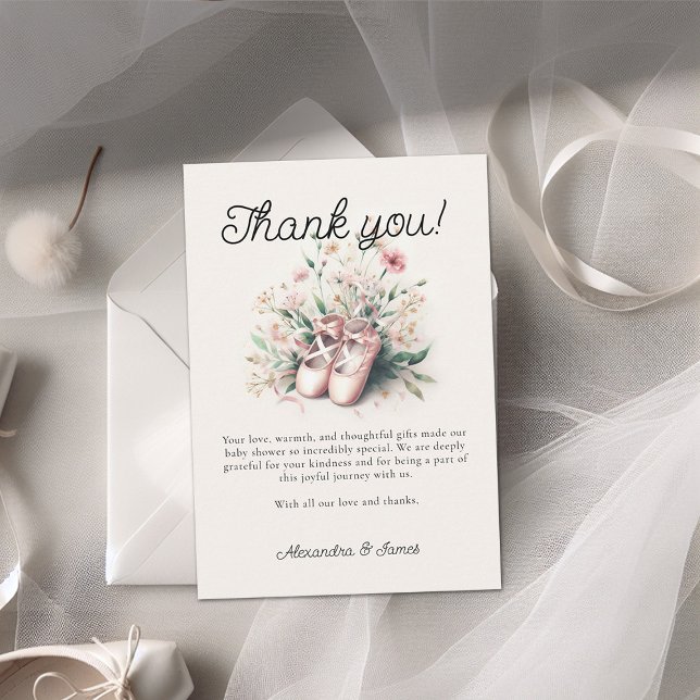 Baby Ballerina Shoes Wildblommor Ribbon Girl Showe Tack Kort (ballerina baby shower thank you card girl ballet shoes wildflowers watercolor cute adorable girl)