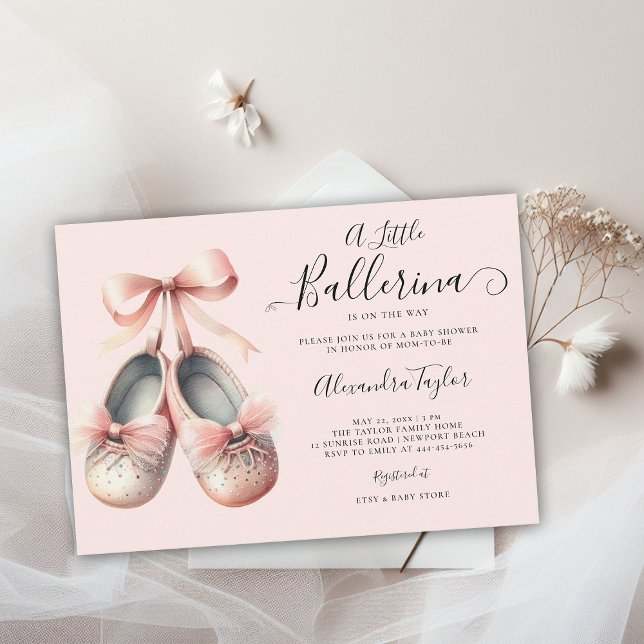 Baby Ballerina Shower Rosa Bow Sweet Girl Shower Inbjudningar (little ballerina baby girl shower invitation pink blush gold bow ballet shoes watercolor cute chic)