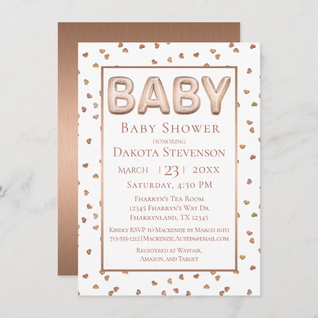 Baby Balloon | Elegant Ro babyskor för Guld Inbjudningar (Fram/baksida)