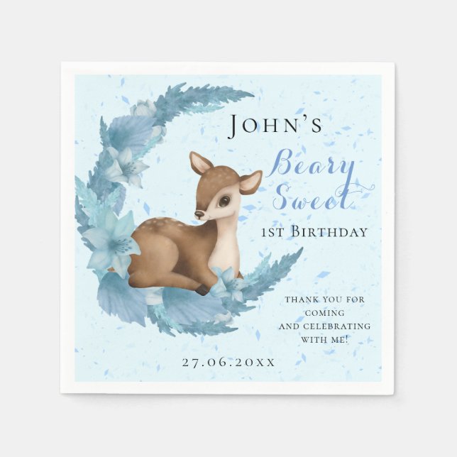 Baby Bambi & Flowers måne Dust Blue Birthday Pappersservett (Framsidan)
